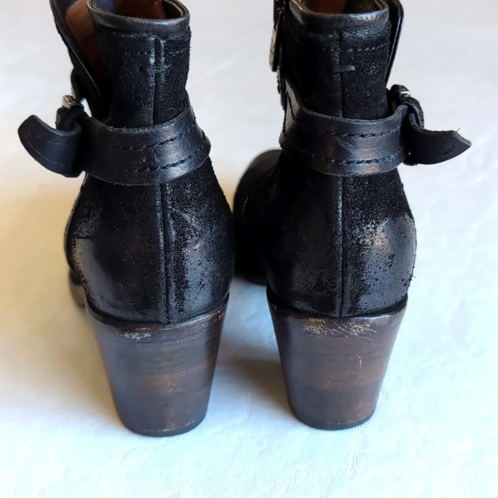 Pantanetti Heeled Buckled Distressed Black Leather Moto Booties Women's 38